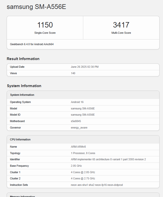 Galaxy A55, One UI 8 ile Geekbench'te
