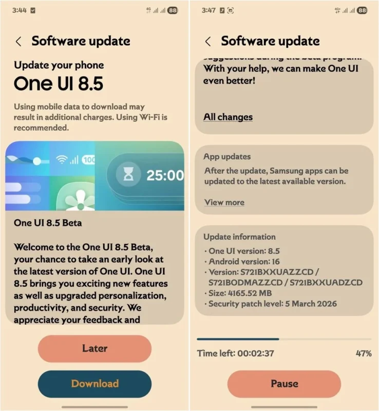 S24 FE, One UI 8.5 beta güncellemesi