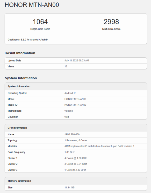 Honor X70 Geekbench