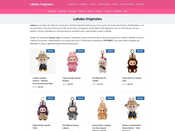 Bir dolandırıcılık web sitesi "Labubu orijinalleri" sattığını iddia ediyor ve Labubu bebeklerinin ortaya çıkışının hikayesini anlatıyor. Birden fazla figür "özel fiyatlar" sunuluyor ve 30 dolar ile 79,99 dolar arasında değişiyor
