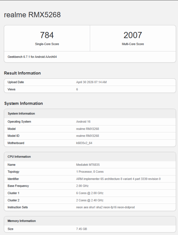 Realme 16T Geekbench