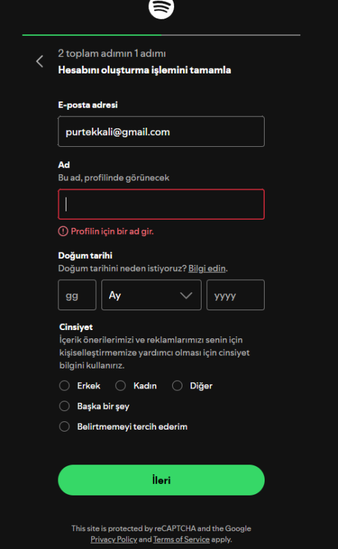 Spotify Duo için hesap oluşturmayı tamamlama