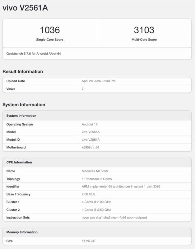 vivo Y600 Pro Geekbench